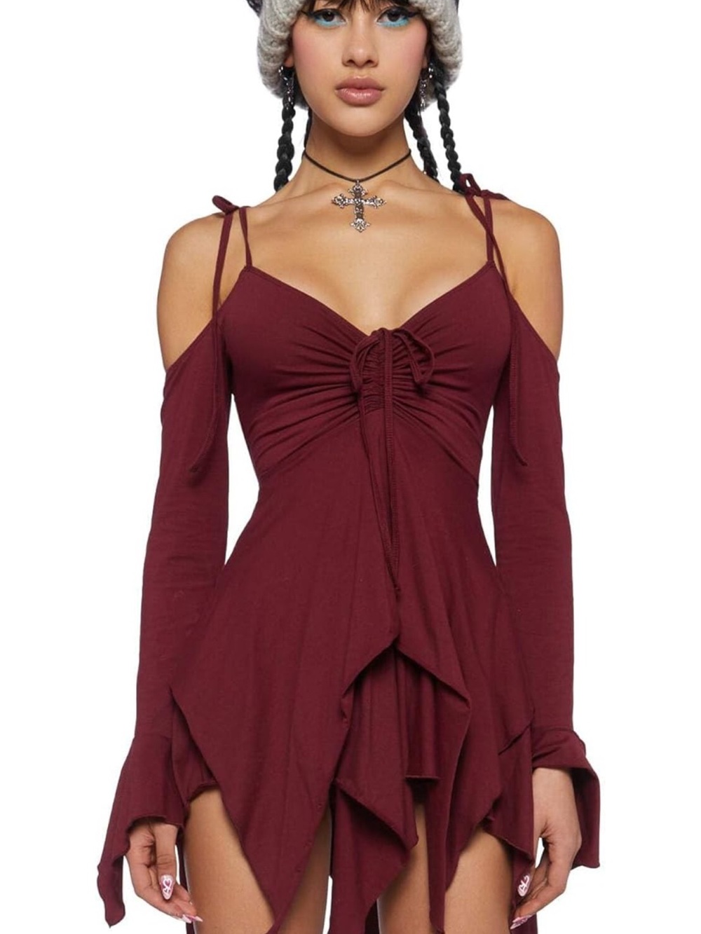 Amazon Women Dresses Mini Burgundy Cold-Shoulder Tie-Front Dress